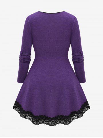 Plus Size Heart Buckle Ruched Lace Trim Lace-up T-shirt