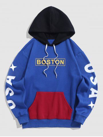 Star BOSTON Graphic Colorblock Thermal Fleece Lined Hoodie - BLUE - L