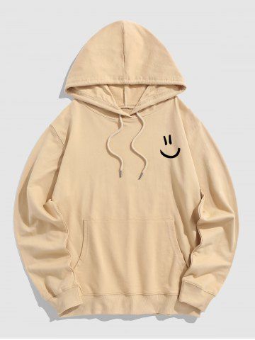 Men's Smile Face Graphic Kangaroo Pocket Design Pullover Long Sleeves Hoodie - LIGHT COFFEE - L