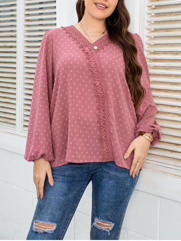 Plus Size Swiss Dot Guipure Plain Color Long Sleeve V Neck Casual Blouse - LIGHT PINK - 3XL