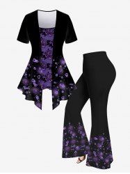Plus Size Flower Heart Glitter Printed 2 In 1 T-shirt and Flare Pants 70s 80s Outfit -  