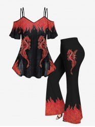 Plus Size Flame Dragon Zipper Printed Cold Shoulder T-shirt and Flare Pants 70s 80s Outfit -  