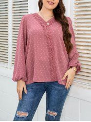 Plus Size Swiss Dot Guipure Plain Color Long Sleeve V Neck Casual Blouse -  