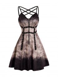 Tie Dye Print Grommet Lattice Half Zipper Sleeveless A Line Mini Dress -  