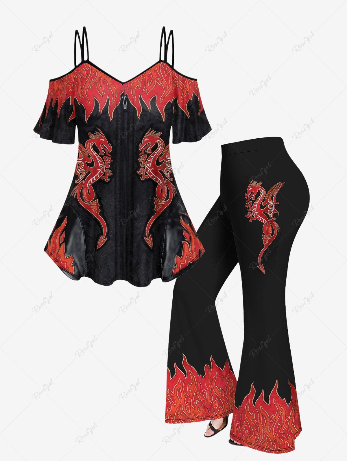 Fashion Plus Size Flame Dragon Zipper Printed Cold Shoulder T-shirt and Flare Pants 70s 80s Outfit  