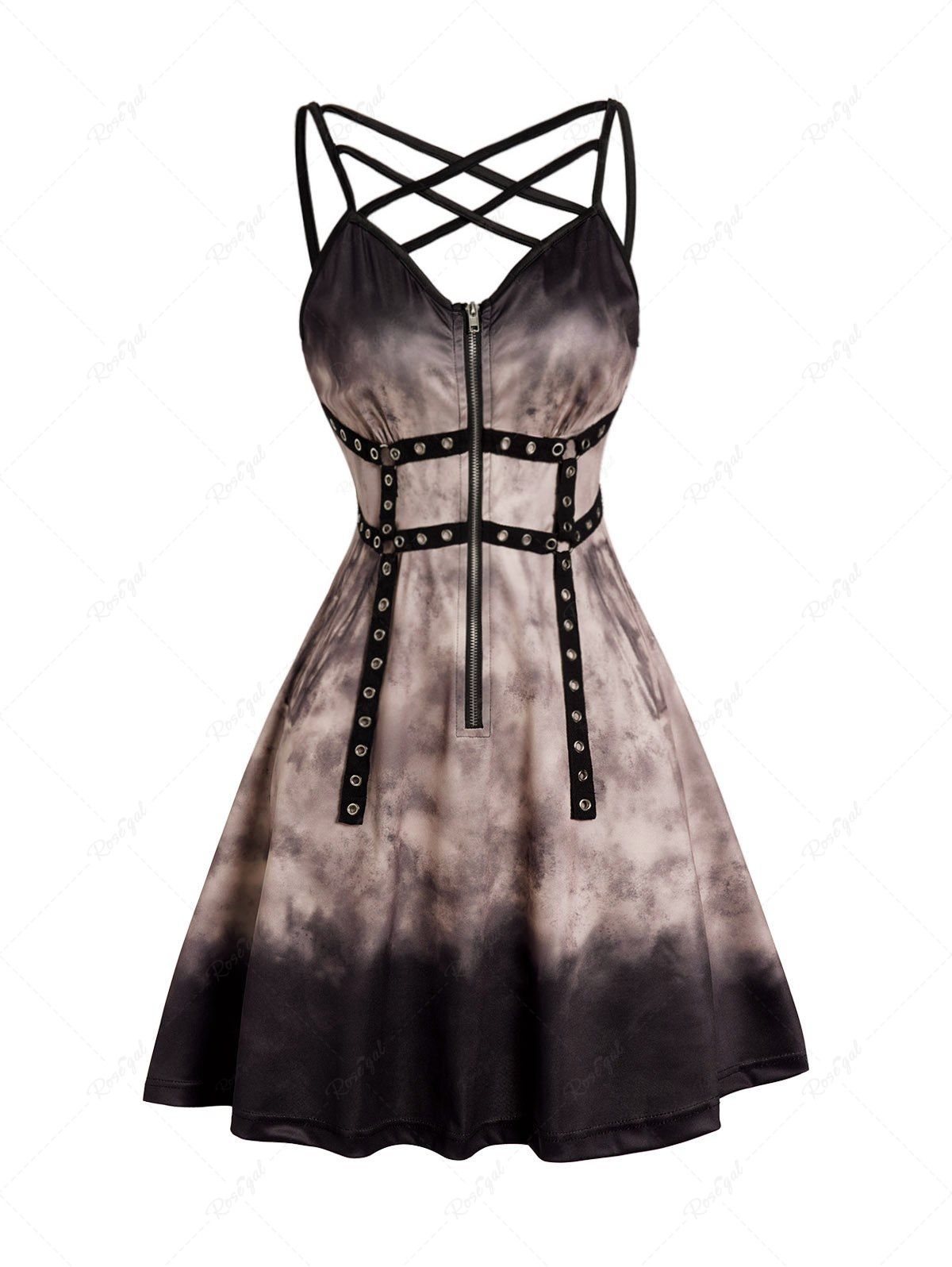 Discount Tie Dye Print Grommet Lattice Half Zipper Sleeveless A Line Mini Dress  