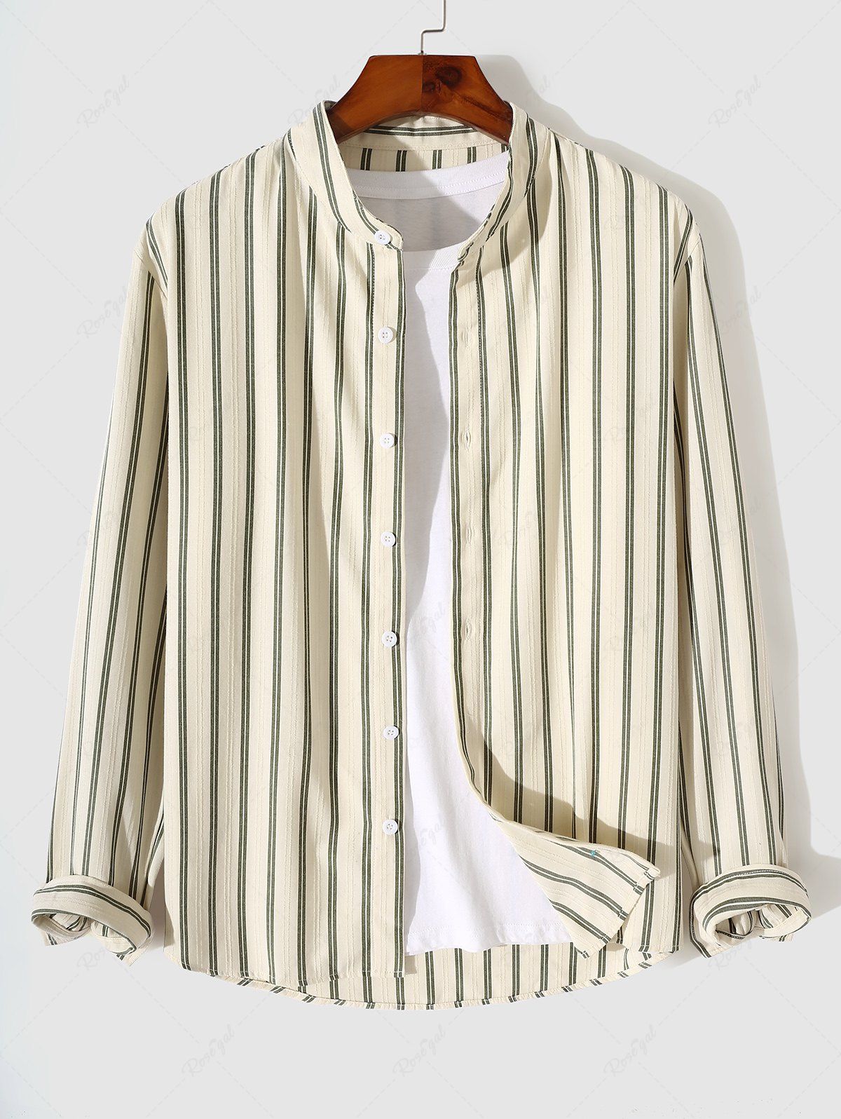 Best Men's Casual Vertical Stripes Button Up Stand Collar Long Sleeves Shirt  