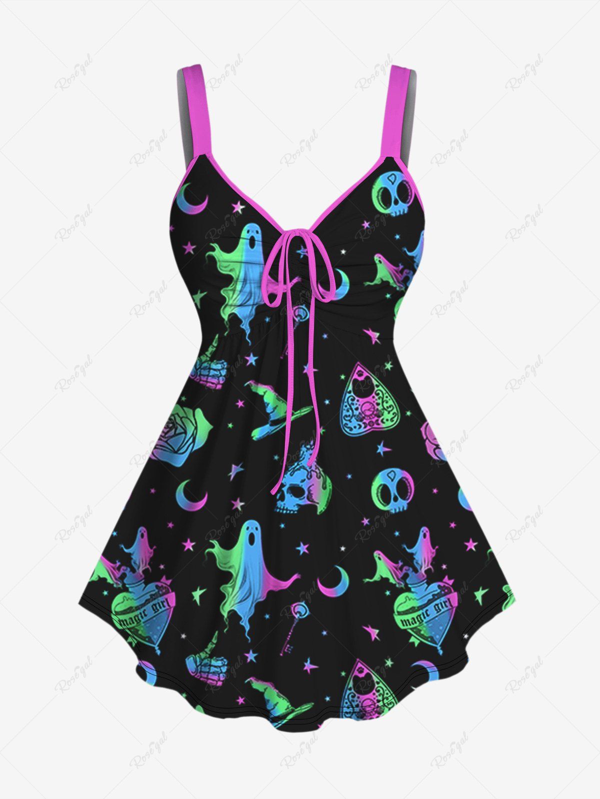 Unique Plus Size Colorful Ghost Skull Heart Hat Print Cinched Halloween Tank Top  