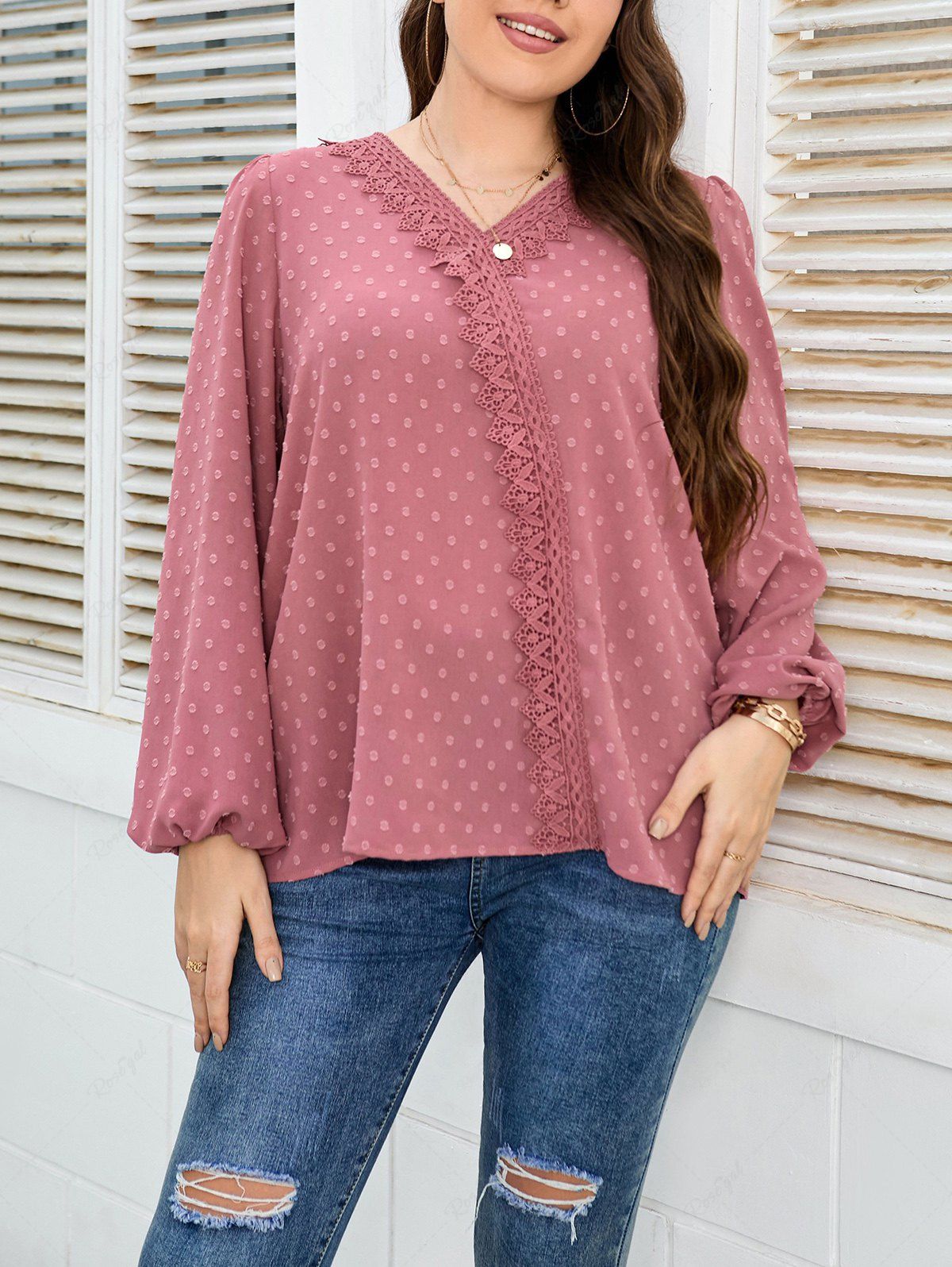 Outfits Plus Size Swiss Dot Guipure Plain Color Long Sleeve V Neck Casual Blouse  