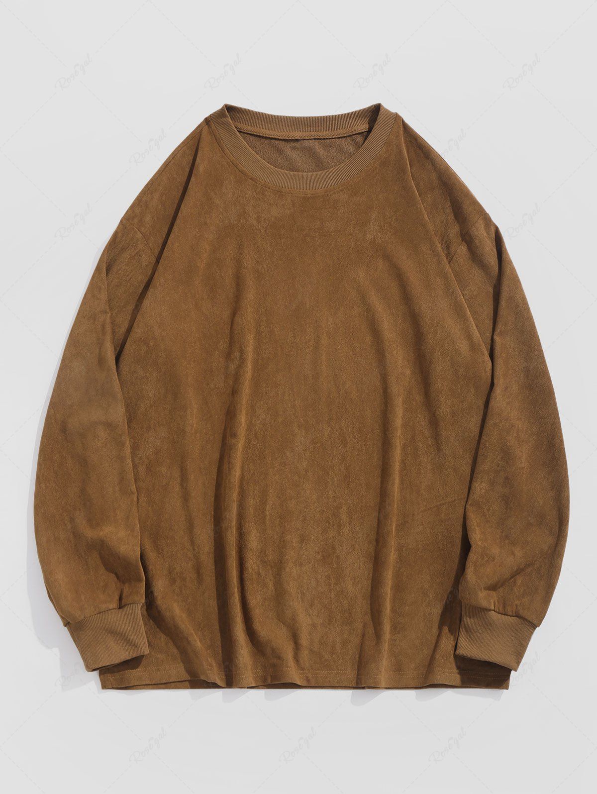 Fancy Men's Faux Suede Crew Neck Solid Color Long Sleeve Pullover Sweatshirt  