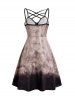 Tie Dye Print Grommet Lattice Half Zipper Sleeveless A Line Mini Dress -  