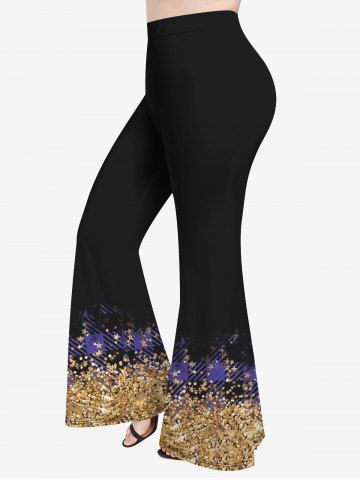 Plus Size Sparkling Sequin Colorblock Star Print Flare Pants - BLACK - S