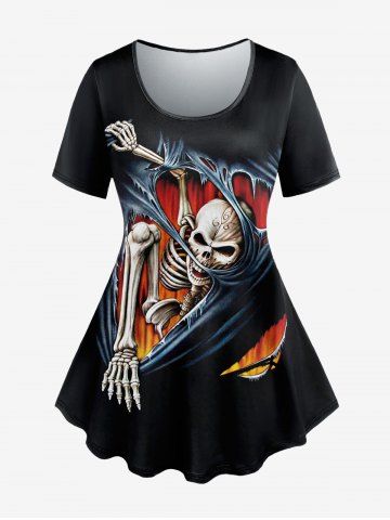 Plus Size Halloween Costume Skeleton Flame 3D Ripped Print T-shirt - BLACK - 6X