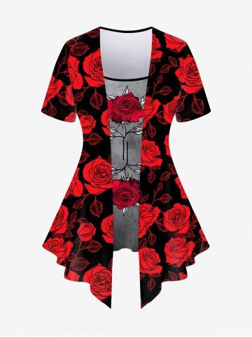 Plus Size Flower Print 2 In 1 T-shirt - RED - S