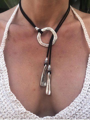 Bohemia O-ring PU Leather Pendant Necklace - BLACK