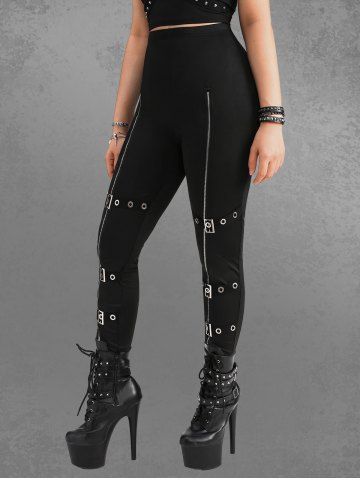 Gothic Straps Buckle Grommet Zipper Skinny Pull On Pants - BLACK - L | US 12