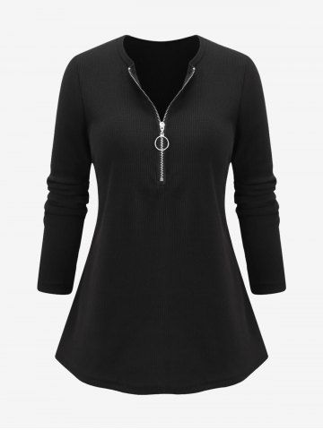 Plus Size Textured O-ring Zipper Sweater - BLACK - 3XL