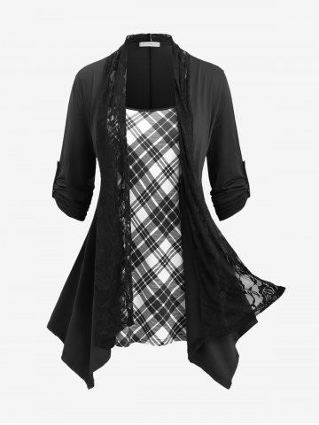 Plus Size Floral Lace Panel Plaid Ruched Asymmetric Roll Up Sleeves T-shirt - BLACK - M | US 10