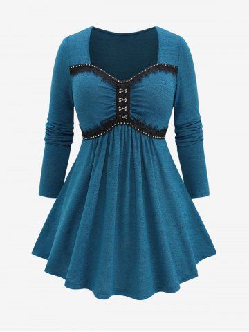 Plus Size Buckles Rivet Lace Trim Ruffles Ruched Marled Long Sleeve Top - BLUE - M | US 10