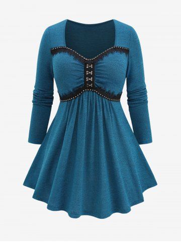 Plus Size Buckles Rivet Lace Trim Ruffles Ruched Marled Long Sleeve Top - BLUE - L | US 12
