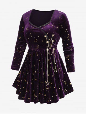 Plus Size Moon Star Gold Stamping Lace Trim Chains Surplice T-shirt