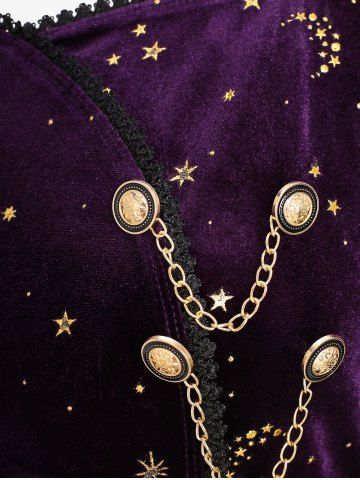 Plus Size Moon Star Gold Stamping Lace Trim Chains Surplice T-shirt