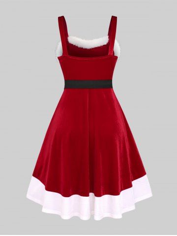 Plus Size Fuzzy Trim Bowknot Buckle Belt Two Tone Velvet Christmas Tank Dess