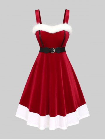Plus Size Fuzzy Trim Bowknot Buckle Belt Two Tone Velvet Christmas Tank Dess