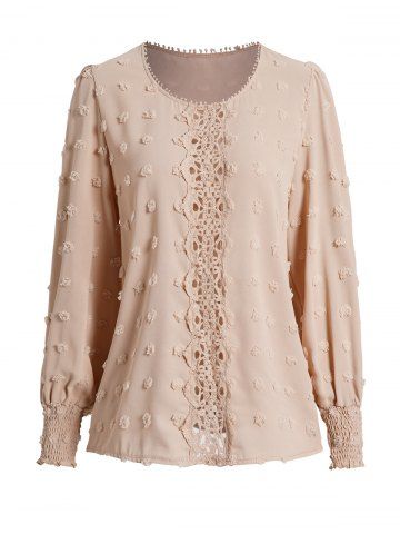 Plain Color Swiss Dot Guipure Smocked Cuff Casual Top - LIGHT COFFEE - XL