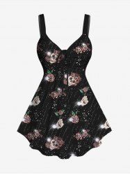 Plus Size Skull Flower Glitter Hands Print Cinched Tank Top -  