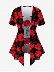Plus Size Flower Print 2 In 1 T-shirt -  