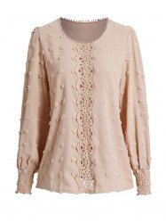 Plain Color Swiss Dot Guipure Smocked Cuff Casual Top -  