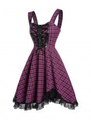 Mini Robe à Imprimé Carreaux Zippée Au Dos sans Manches à Ourlet en Dentelle - Pourpre  XXL
