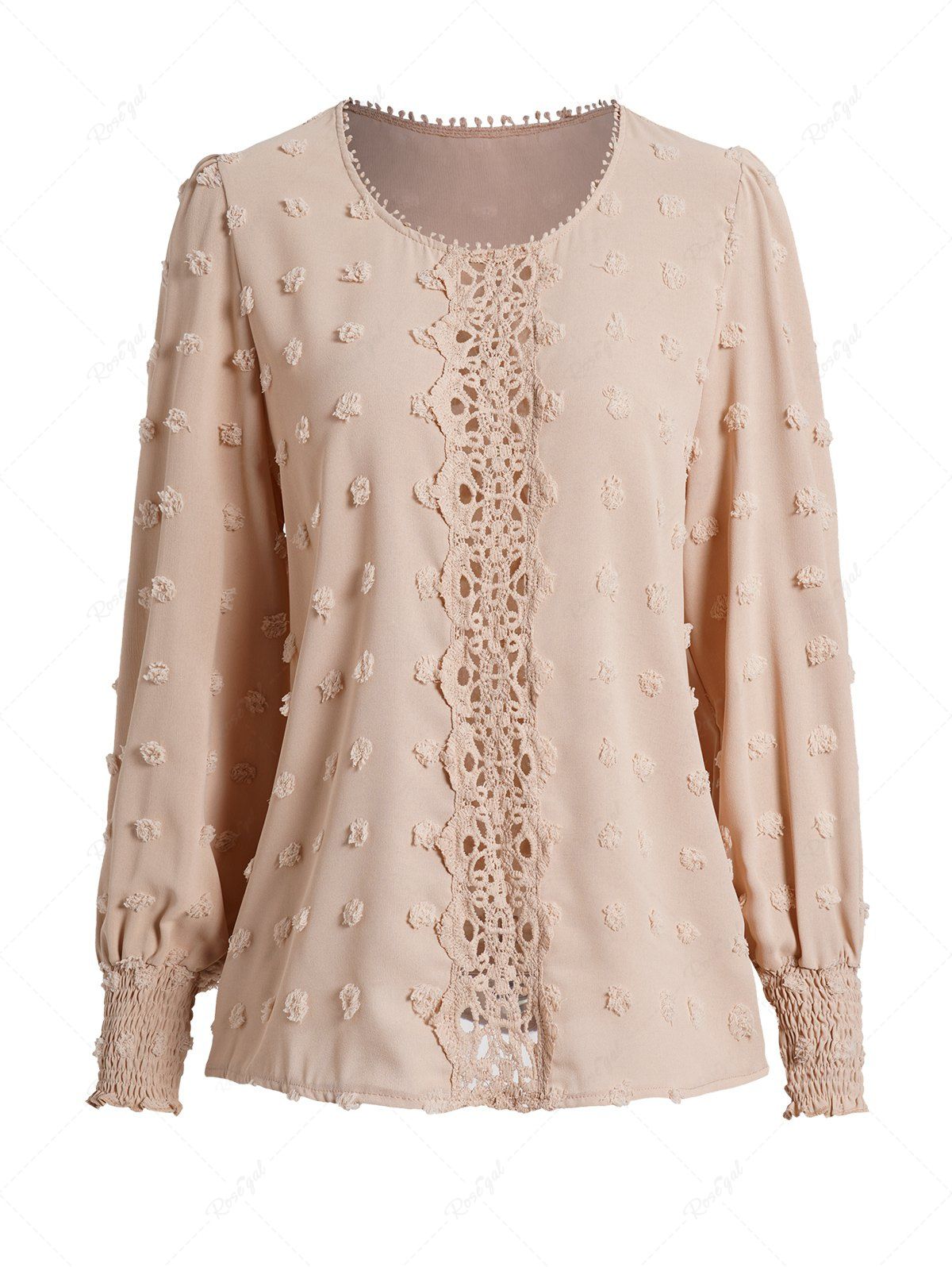 Online Plain Color Swiss Dot Guipure Smocked Cuff Casual Top  