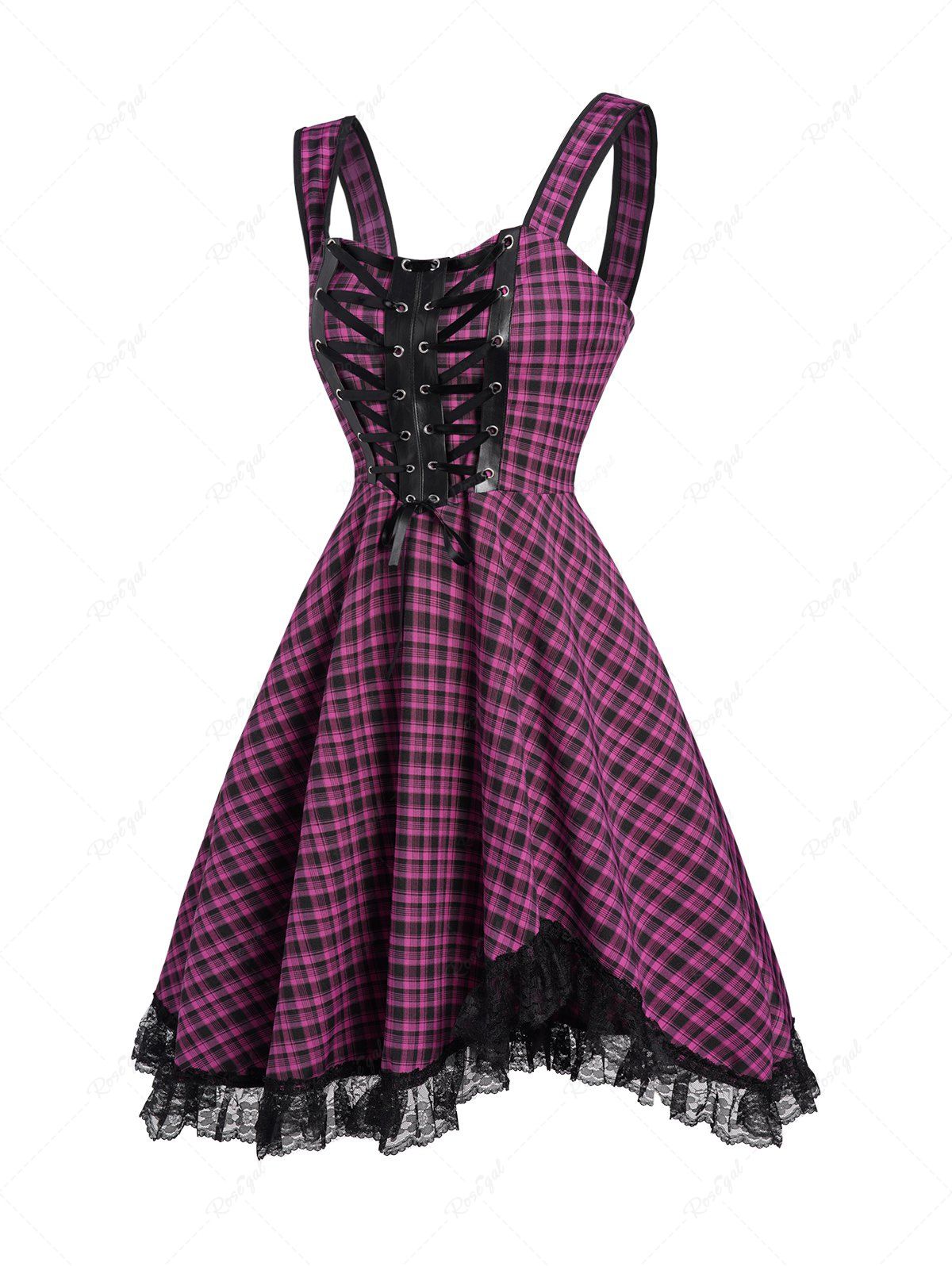 Mini Robe à Imprimé Carreaux Zippée Au Dos sans Manches à Ourlet en Dentelle Pourpre  M