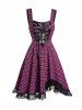 Check Print Lace Up Sleeveless Zip Back Lace Hem Mini Dress -  