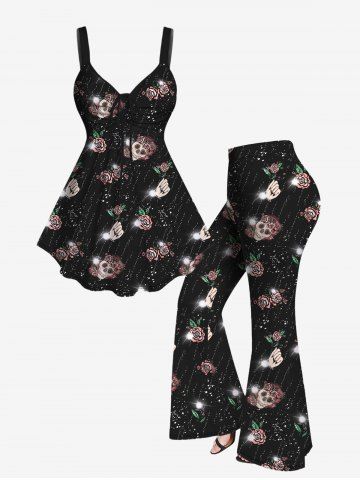 Plus Size Skull Flower Glitter Hands Printed Cinched Tank Top and Flare Pants Disco 70s 80s Outfit - BLACK