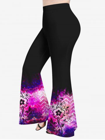 Plus Size Floral Galaxy Sparkling Ombre Print Flare Pants