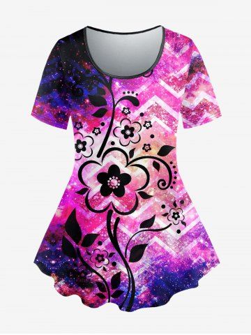 Plus Size Floral Galaxy Sparkling Ombre Print Short Sleeves T-shirt - LIGHT PURPLE - L