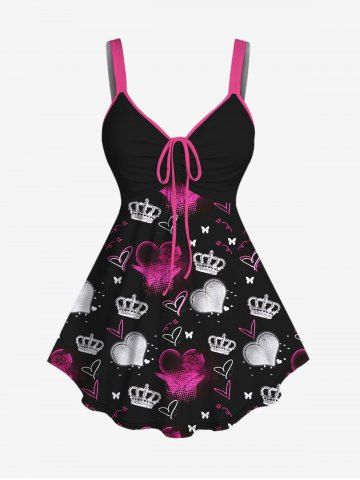 Plus Size Crown Heart Butterfly Print Cinched Tank Top - LIGHT PINK - 3X
