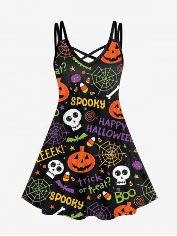 Plus Size Halloween Pumpkin Spider Web Skull Print Crisscross Cami Dress - BLACK - S