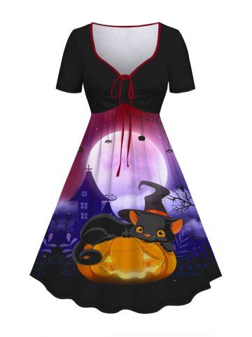 Plus Size Halloween Pumpkin Hat Cat Moon Tree Print Cinched Dress