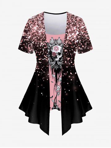 Plus Size Sparkling Sequin Butterfly Skull Flower Print 2 In 1 T-shirt - LIGHT PINK - 4X