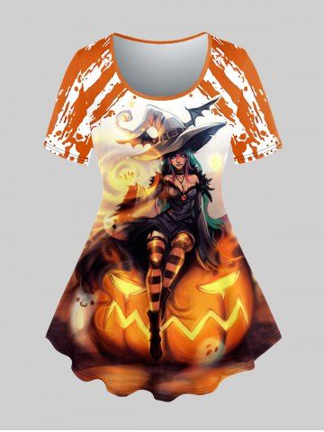 Plus Size Pumpkin Hat Witch Ghost Print Halloween T-shirt - ORANGE - M