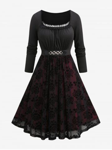 Plus Size Floral Mesh Lace Trim Chain Panel Ruched Dress - BLACK - 1X | US 14-16