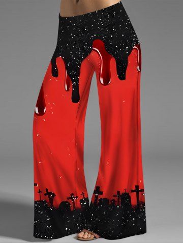 Halloween Galaxy Milk Pouring Print Wide Leg Pants - RED - XXL