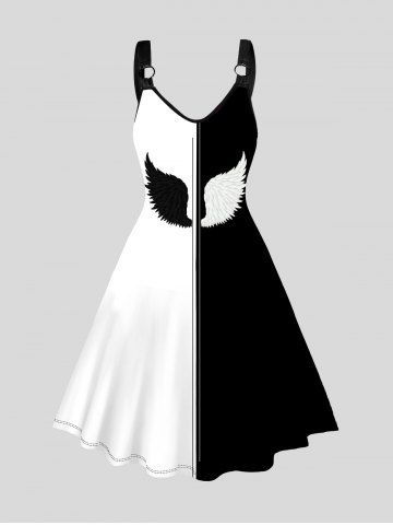 Wing Print Two Tone Sleeveless O Ring A Line Dress - BLACK - L
