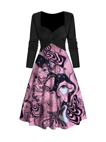 Abstract Print A Line Sweetheart Collar Crossover Midi Dress - LIGHT PINK - L