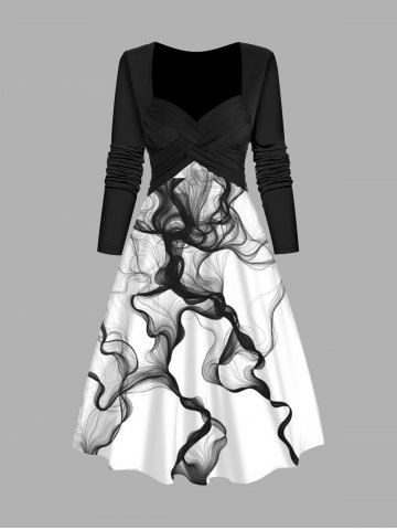 Ink Painting Print Colorblock Sweetheart Collar Midi Dress - WHITE - L