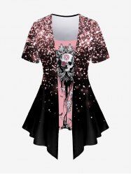 Plus Size Sparkling Sequin Butterfly Skull Flower Print 2 In 1 T-shirt -  